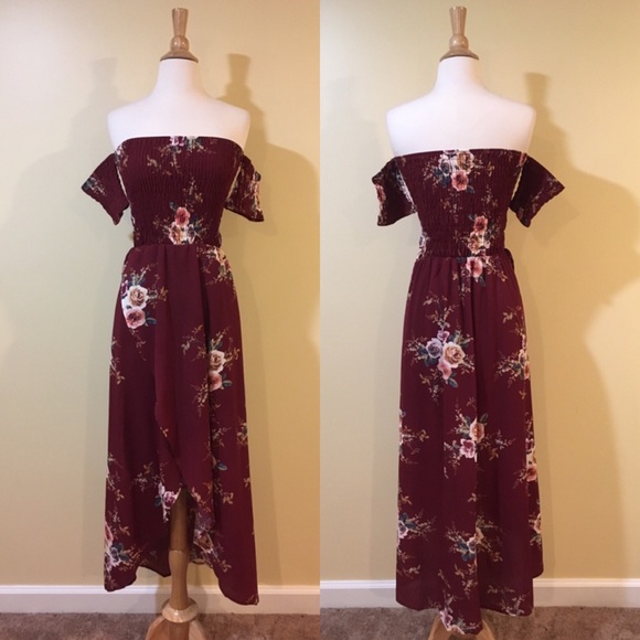 Off Shoulder Smocked Floral Dress Red - Picture 6 of 8